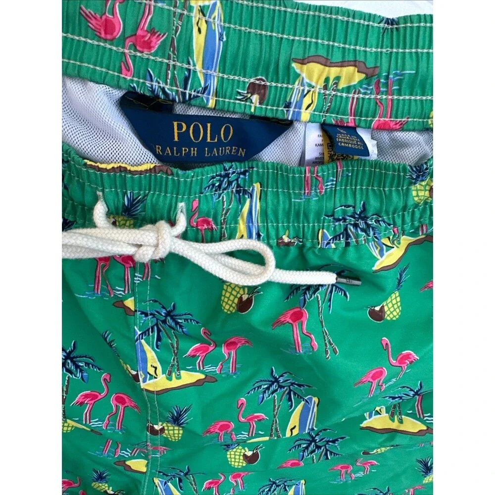 POLO Ralph Lauren 36 Men’s Swim Trunks Green Surf Flamingo Shorts Made Fr Europe